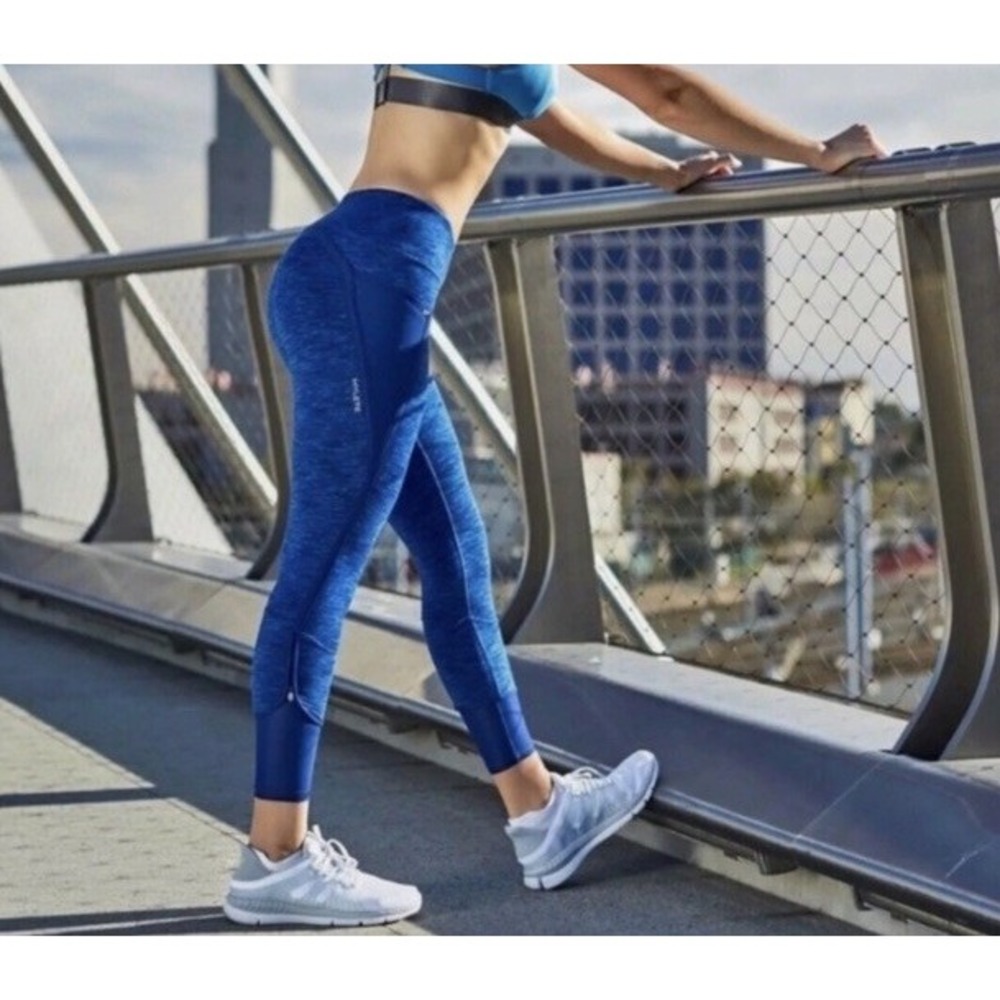 Hylete‎ Nimbus Caprite Womens Leggings Small Heather Blue Zip Pocket Zip Ankle
